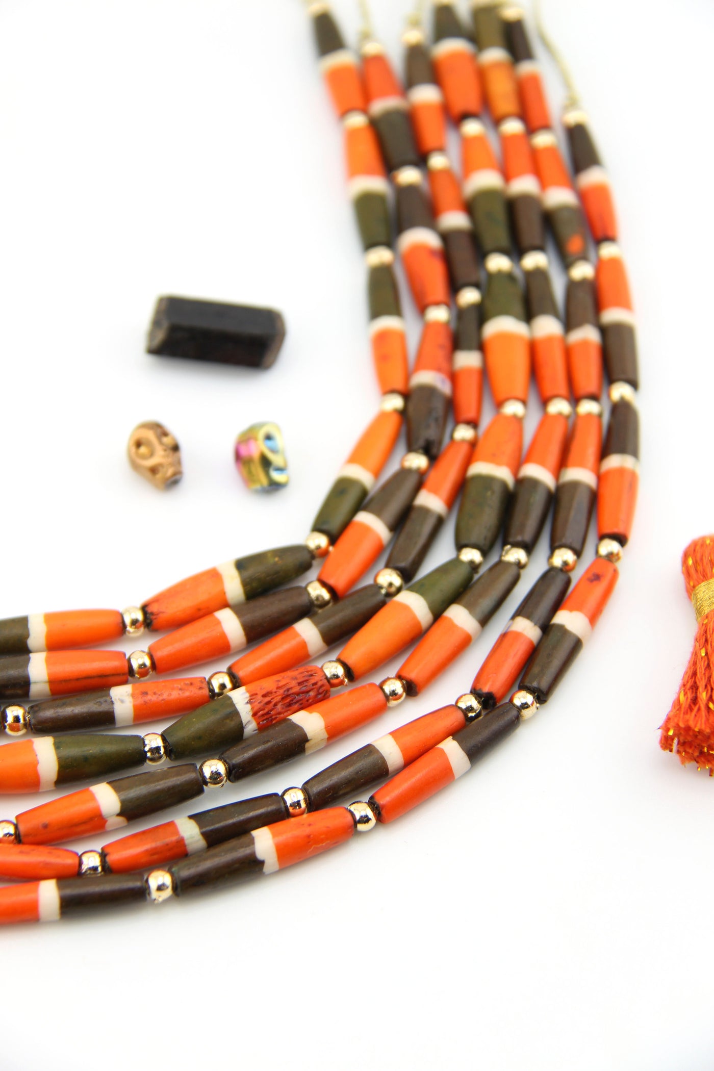 Orange & Olive Brown Barrel Bicone Bone Beads, 6x25mm, 8 pieces for making Fall  Halloween jewelry