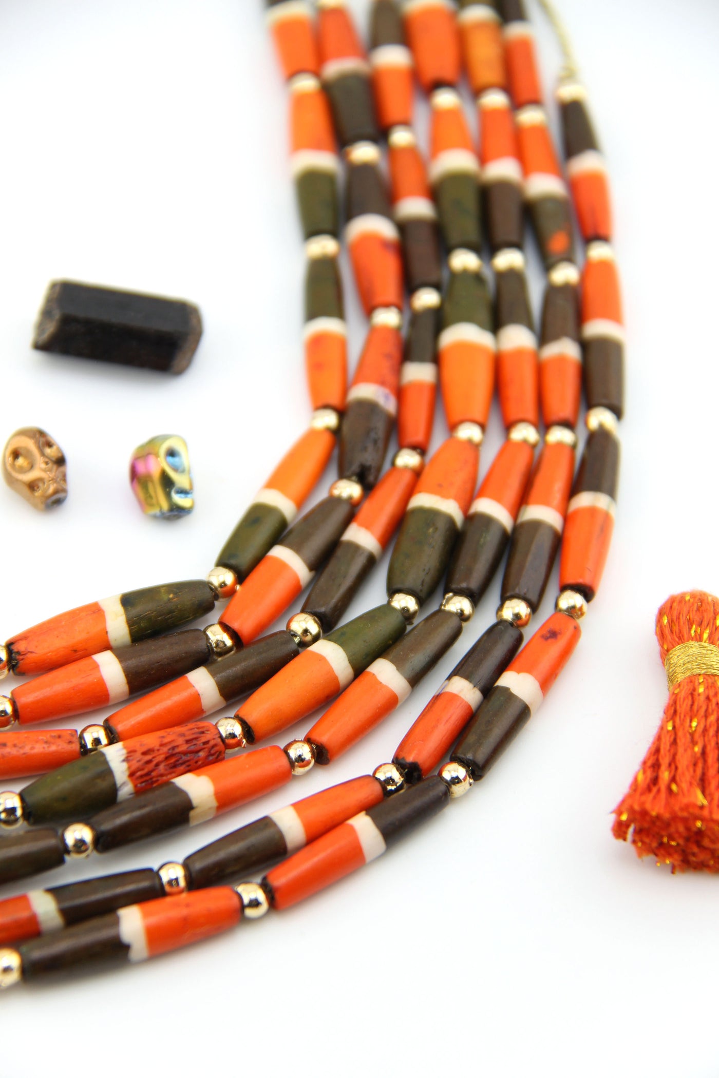 Orange & Olive Brown Barrel Bicone Bone Beads, 6x25mm, 8 pieces for making Fall  Halloween jewelry