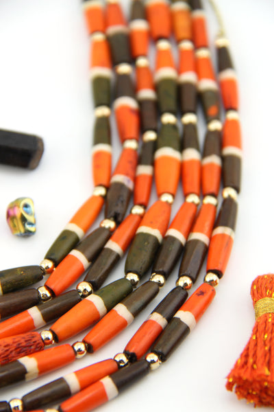 Orange & Olive Brown Barrel Bicone Bone Beads, 6x25mm, 8 pieces