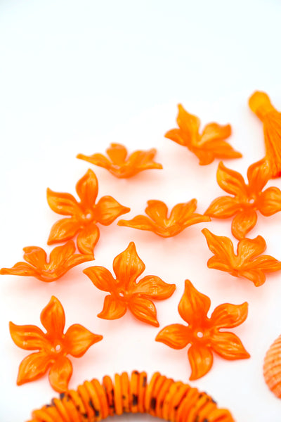 Orange Stacking Flower Cap, Vintage German Resin, 28mm, 2 charms for making floral DIY jewelry