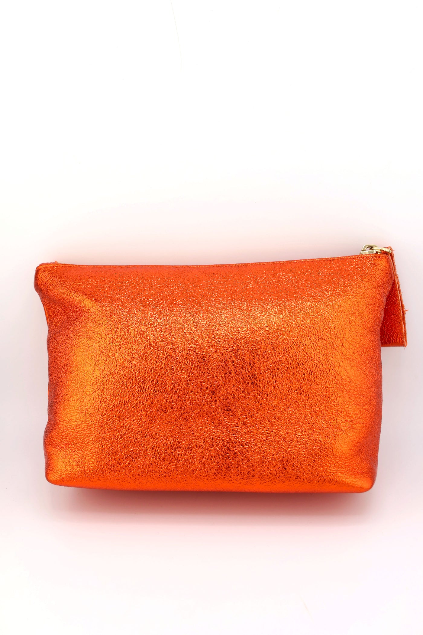 Orange Metallic Italian Leather Zipper Pouch, Purse, 8" Soft Real Leather Cosmetic Pouch