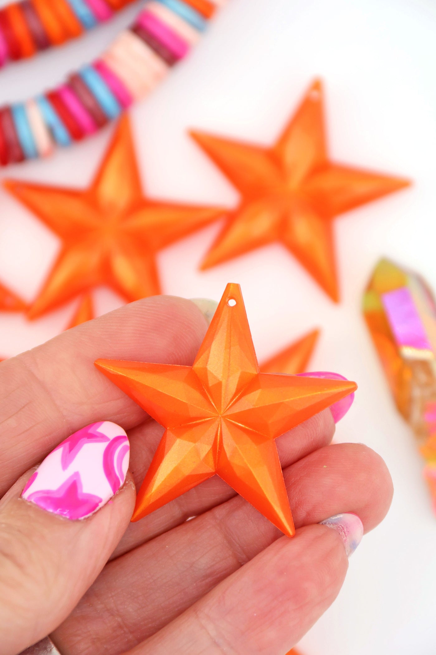 Orange Faceted Star German Resin Charm, 34mm, 1 Pendant for DIY Jewelry