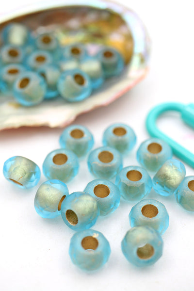 Pacific Blue Czech Glass w/ Gold Lining, 12x8mm, 5 Large Hole Beads
