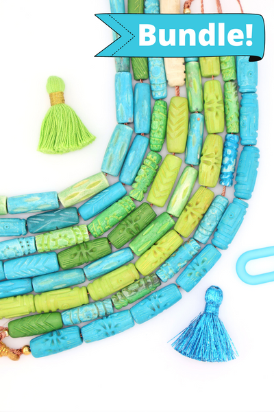 Exclusive Bead Bundle: Turquoise & Green Handmade Tube Bone Beads, 10x25mm for beginner DIY jewelry