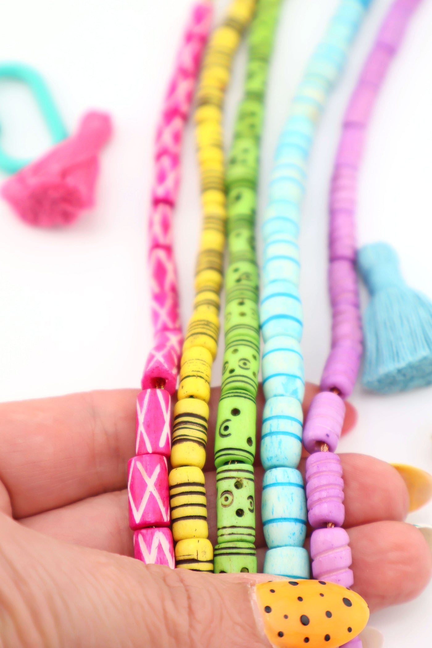 Cococabana Bead Bundle: Colorful Carved Bone Beads, Tube Shape, 6-8x12mm, 5 Strands, 80+ Beads