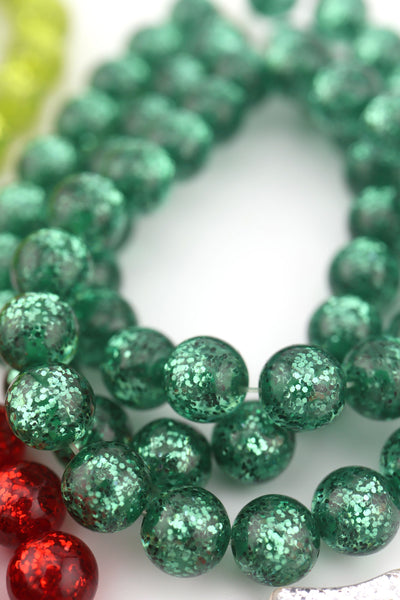 8mm Retro Christmas Glittery Round Italian Resin Beads, 20pc.