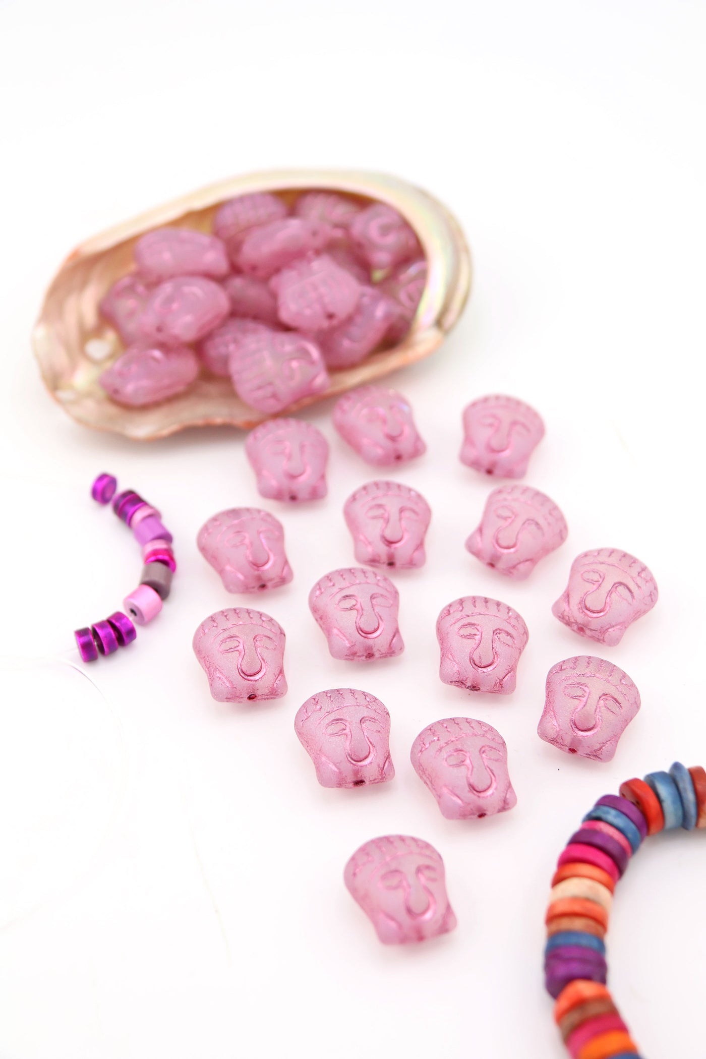 Plum Pink Matte & Metallic Buddha Head Beads, Czech Glass, 4 pieces These spiritual Buddha beads are