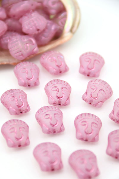 Plum Pink Matte & Metallic Buddha Head Beads, Czech Glass, 4 pieces These spiritual Buddha beads are