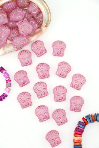 Plum Pink Matte & Metallic Buddha Head Beads, Czech Glass, 4 pieces These spiritual Buddha beads are