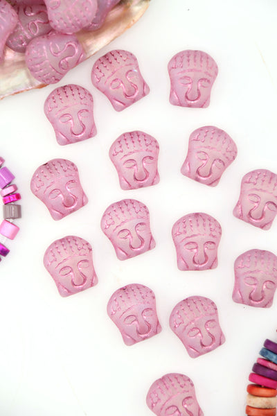 Plum Pink Matte & Metallic Buddha Head Beads, Czech Glass, 4 pieces These spiritual Buddha beads are