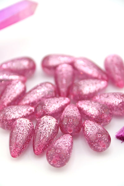 Pink Glitter Italian Resin Teardrop Beads, 22mm, 2 pcs.