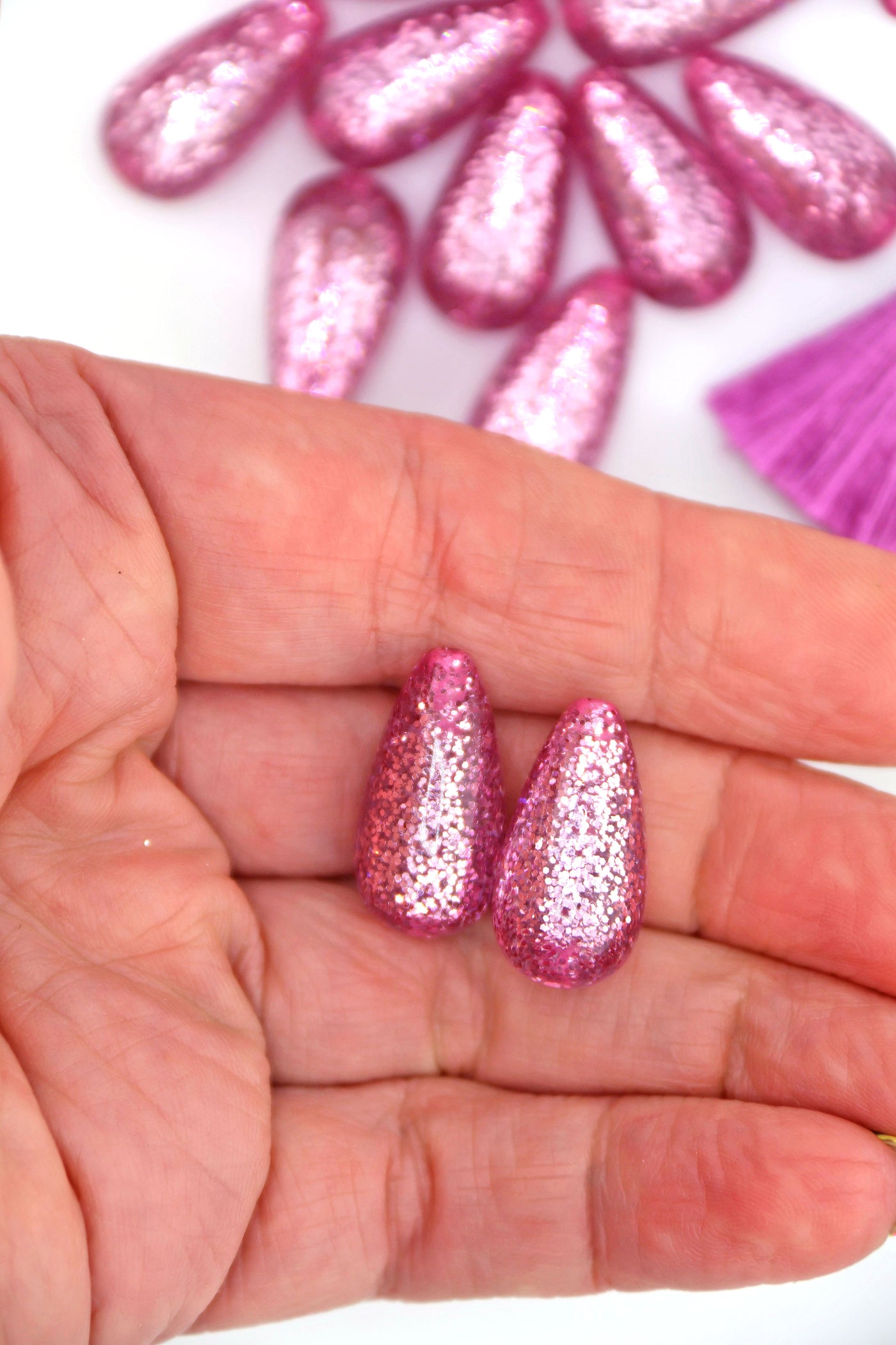 Pink Glitter Italian Resin Teardrop Beads, 22mm, 2 pcs.