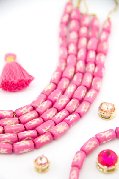 Pink Carved "Hashtag" Pattern Handmade Bone Beads, 7x12mm, 16 Pieces