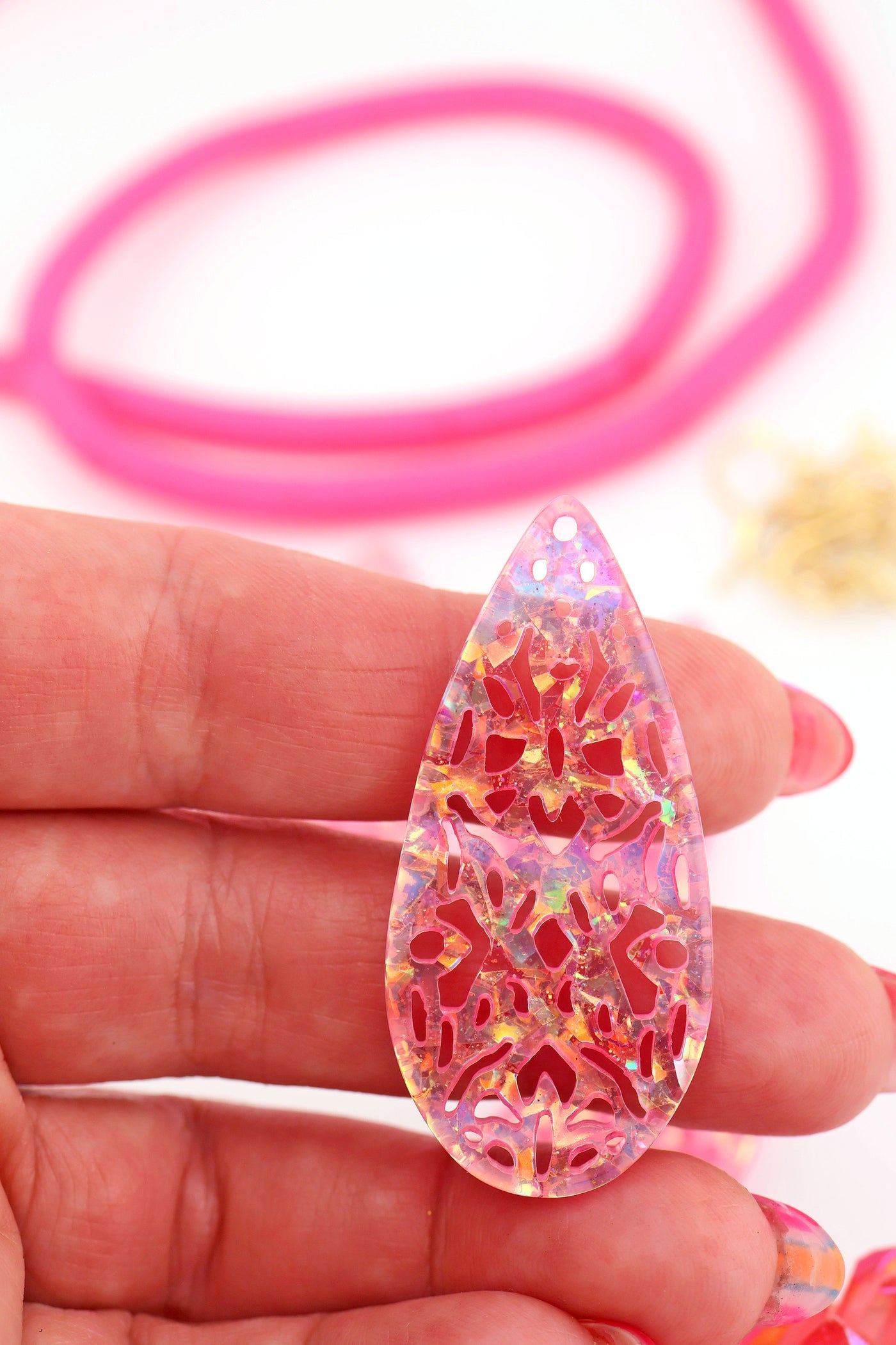 Pink Laser Cut Shimmery Lace Italian Poly Resin Pendant 23x50mm, 1 Charm