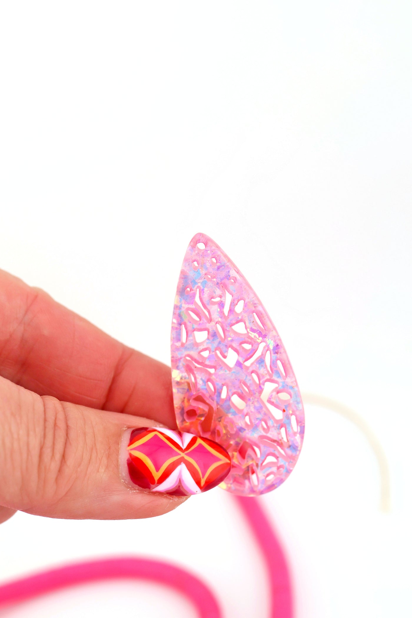 Pink Laser Cut Shimmery Lace Italian Poly Resin Pendant 23x50mm, 1 Charm