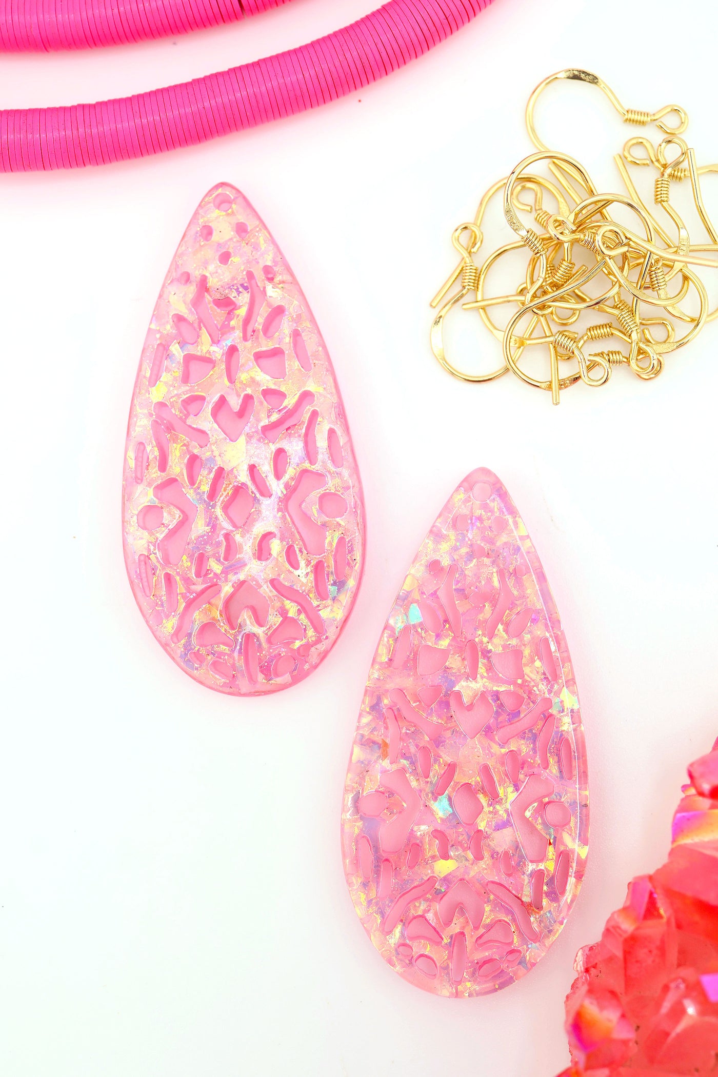 Pink Laser Cut Shimmery Lace Italian Poly Resin Pendant 23x50mm, 1 Charm