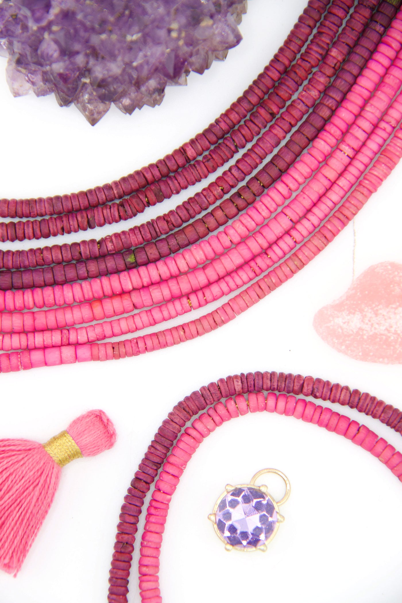 Pink & Purple Bone Spacer Beads: 4mm Heishi, Tube Shaped