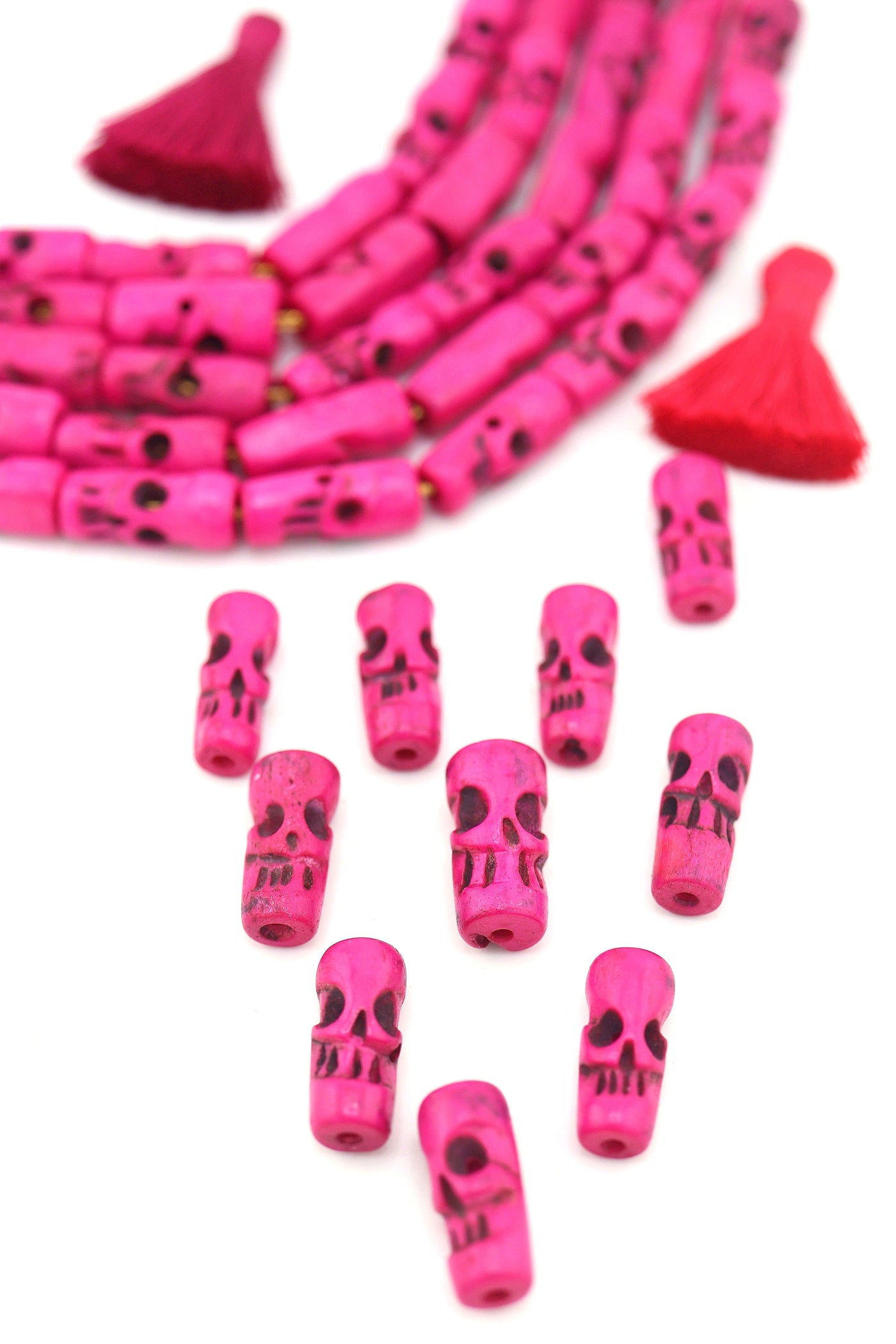 Pink Hand-Carved Skull Bone Beads: 8x20mm, Halloween Beads, Day of the Dead, Halloween, Voodoo, Natural Jewelry Making, Spooky Craft Supplies,
