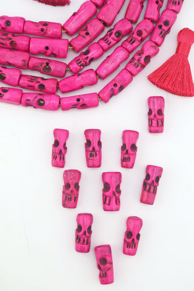Pink Hand-Carved Skull Bone Beads: 8x20mm, Halloween Beads, Day of the Dead, Halloween, Voodoo, Natural Jewelry Making, Spooky Craft Supplies,
