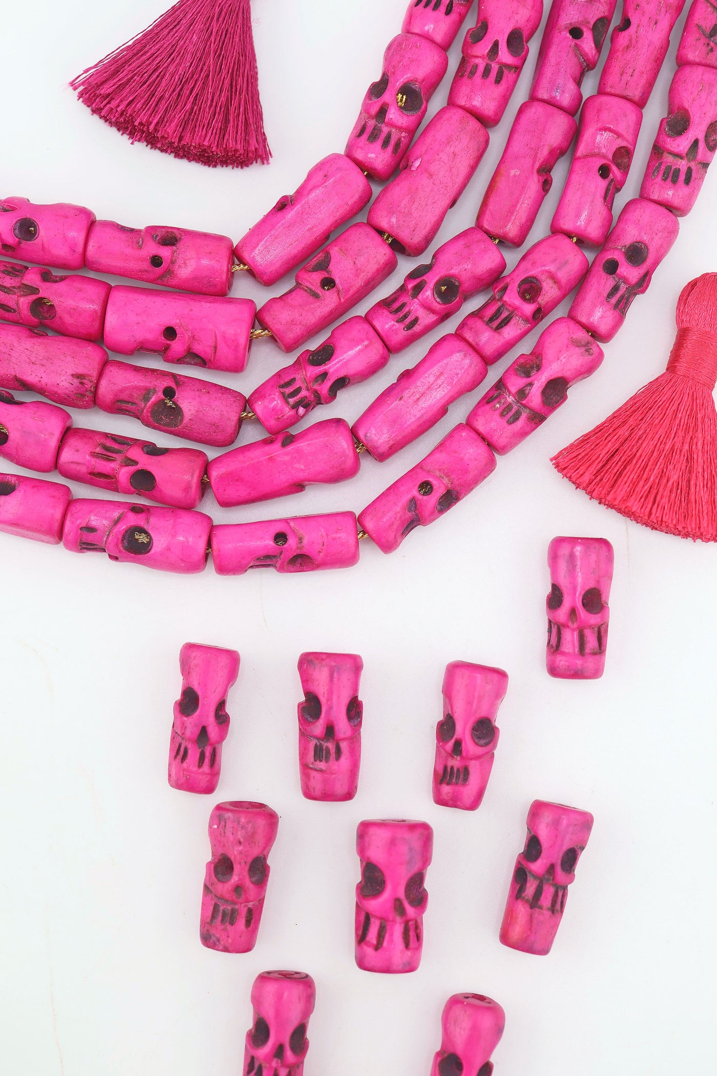 Pink Hand-Carved Skull Bone Beads: 8x20mm, Halloween Beads, Day of the Dead, Halloween, Voodoo, Natural Jewelry Making, Spooky Craft Supplies,