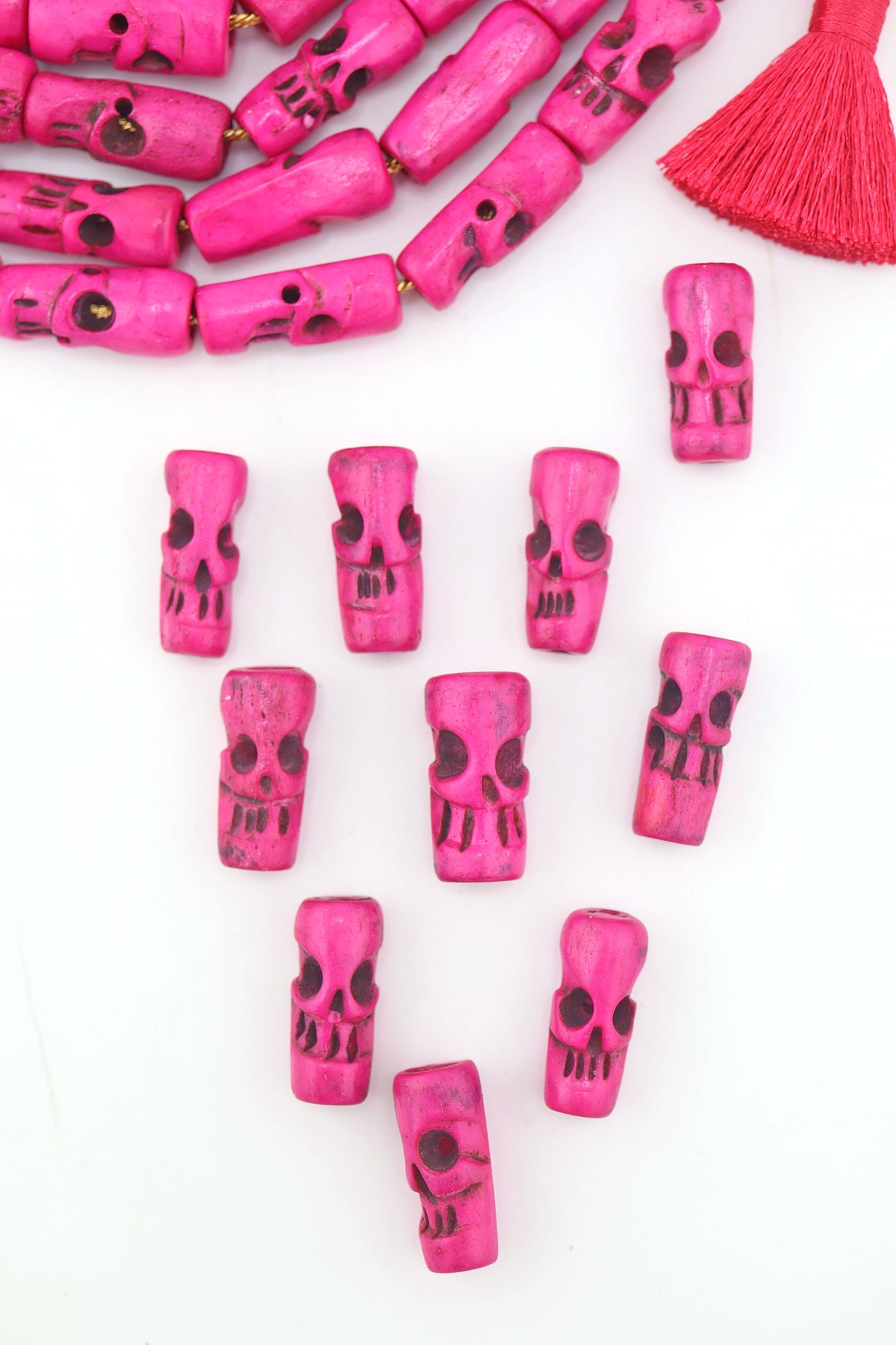 Pink Hand-Carved Skull Bone Beads: 8x20mm, Halloween Beads, Day of the Dead, Halloween, Voodoo, Natural Jewelry Making, Spooky Craft Supplies,