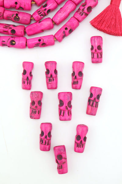 Pink Hand-Carved Skull Bone Beads: 8x20mm, Halloween Beads, Day of the Dead, Halloween, Voodoo, Natural Jewelry Making, Spooky Craft Supplies,