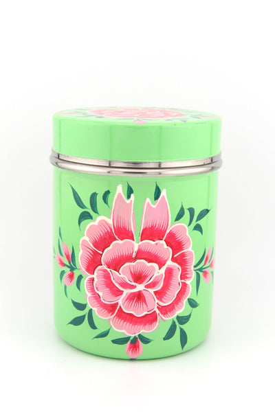 Floral Handpainted Stainless Steel Cannister with Lid, from Kashmir