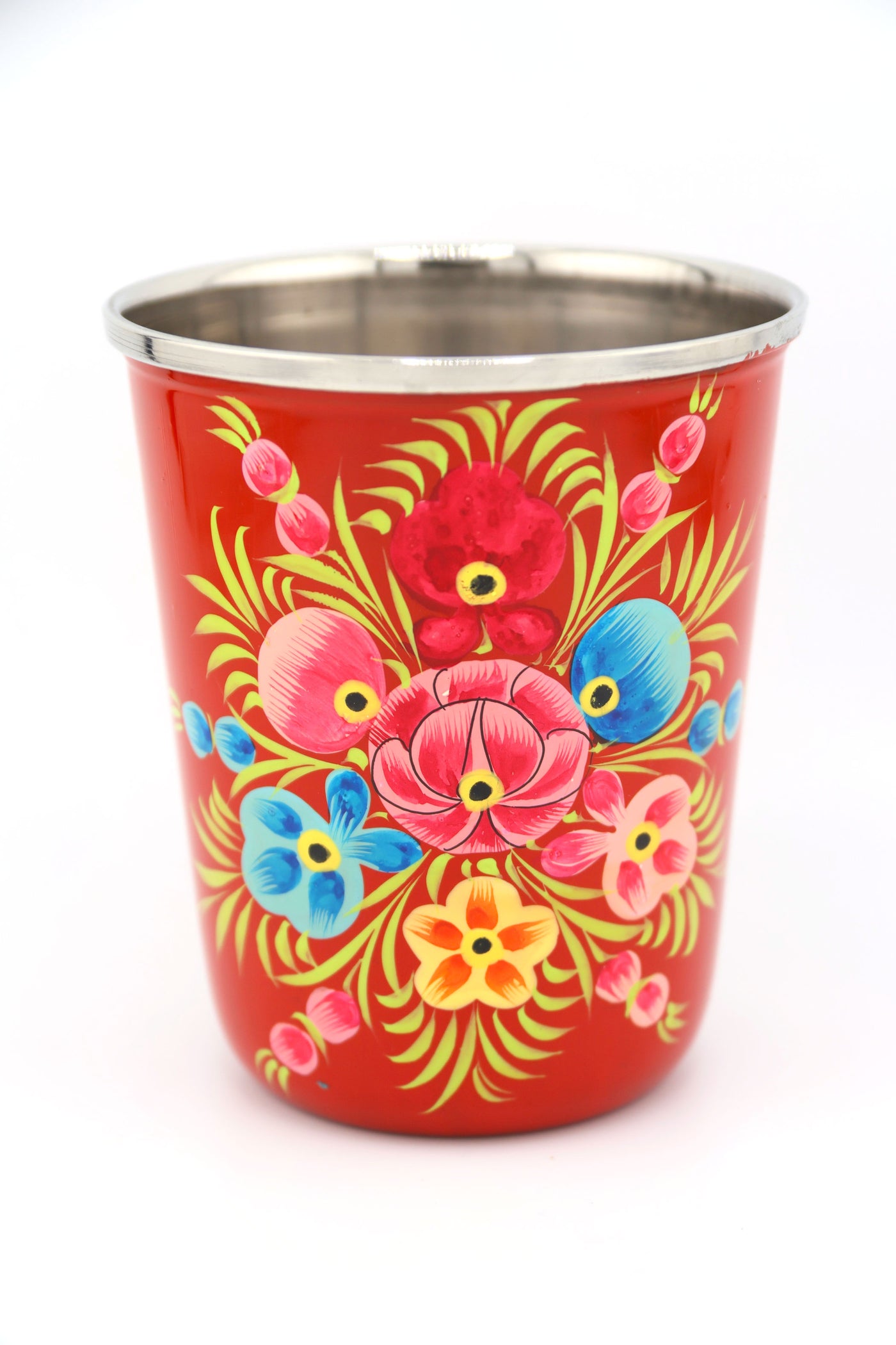 Sip in style with our picnic folk Small Enamel Tumbler, painted by hand by artisans in Kashmir