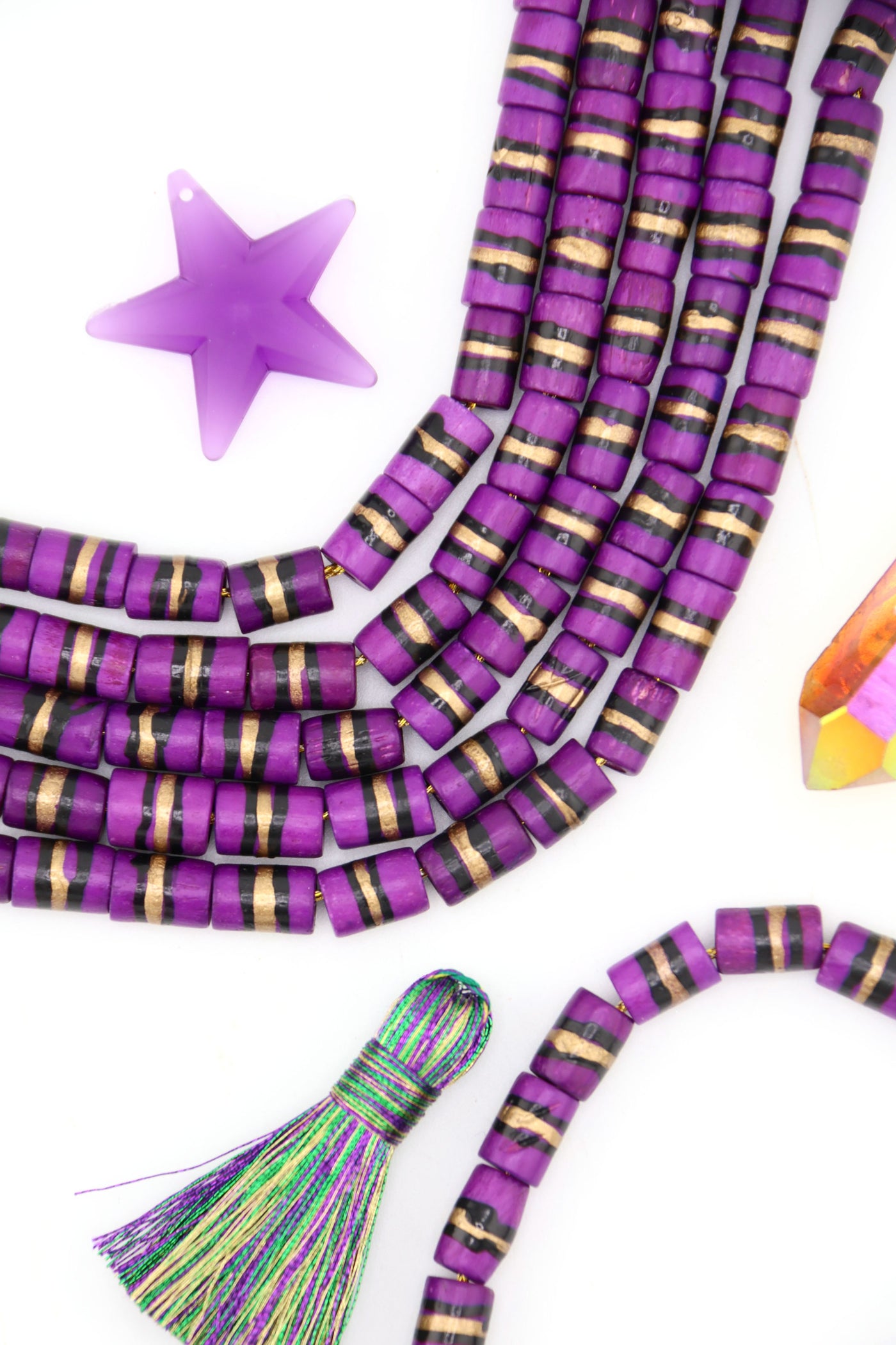 Mardi Gras Stripe Purple & Gold Hand Painted Beads, Make DIY Mardi Gras  jewelry with these beads.