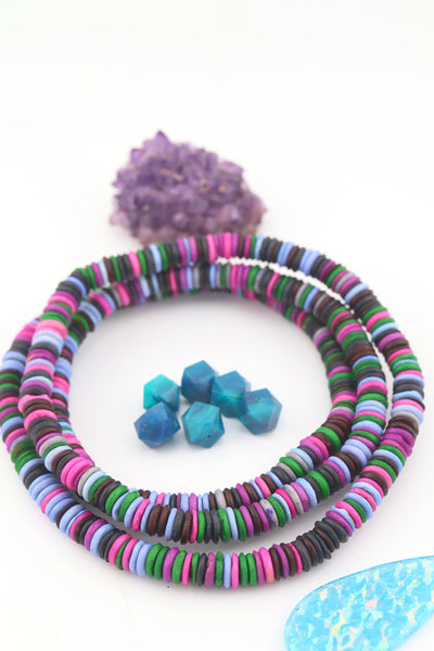 8mm Purple, Green Multi Color Natural Heishi Beads, Long Necklace for layering, handmade beads