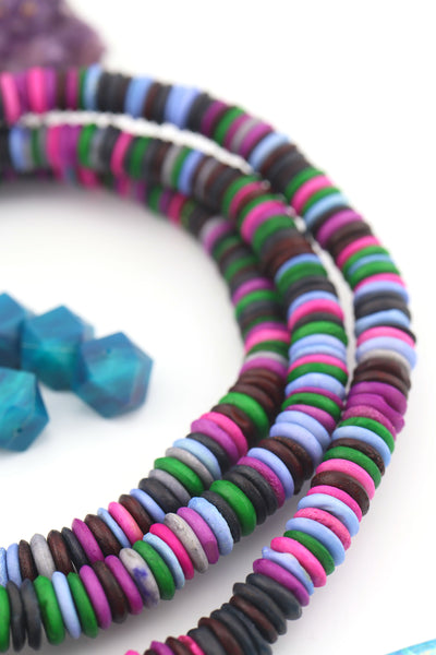 8mm Purple, Green Multi Color Natural Heishi Beads, Long Necklace for layering, handmade beads