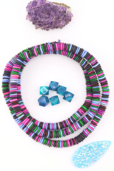 8mm Purple, Green Multi Color Natural Heishi Beads, Long Necklace for layering, handmade beads