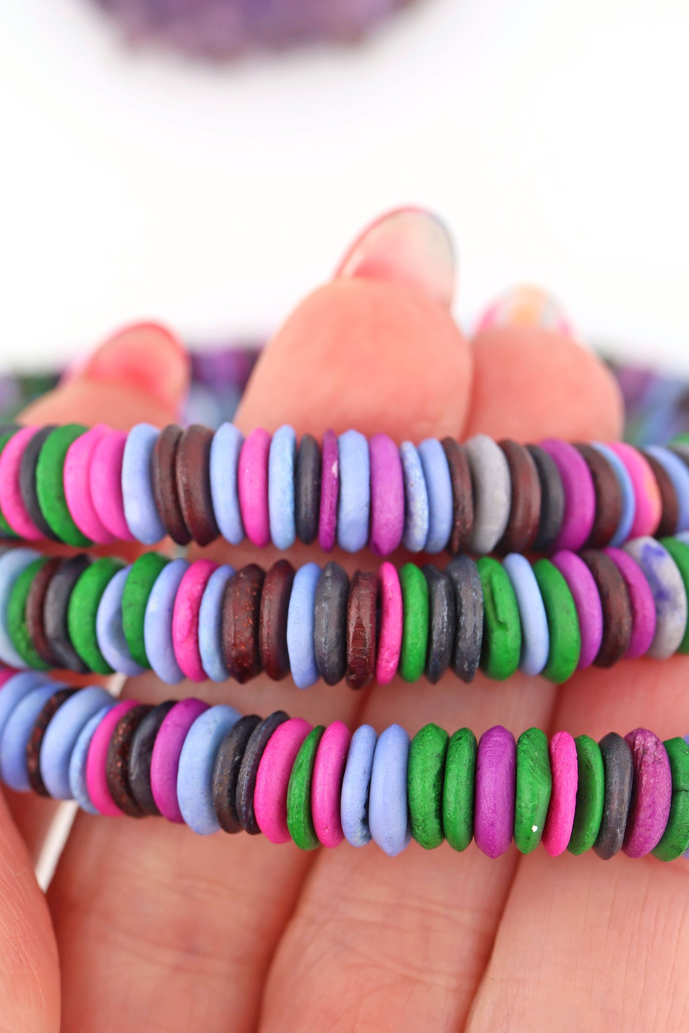 8mm Purple, Green Multi Color Natural Heishi Beads, Long Necklace for layering, handmade beads