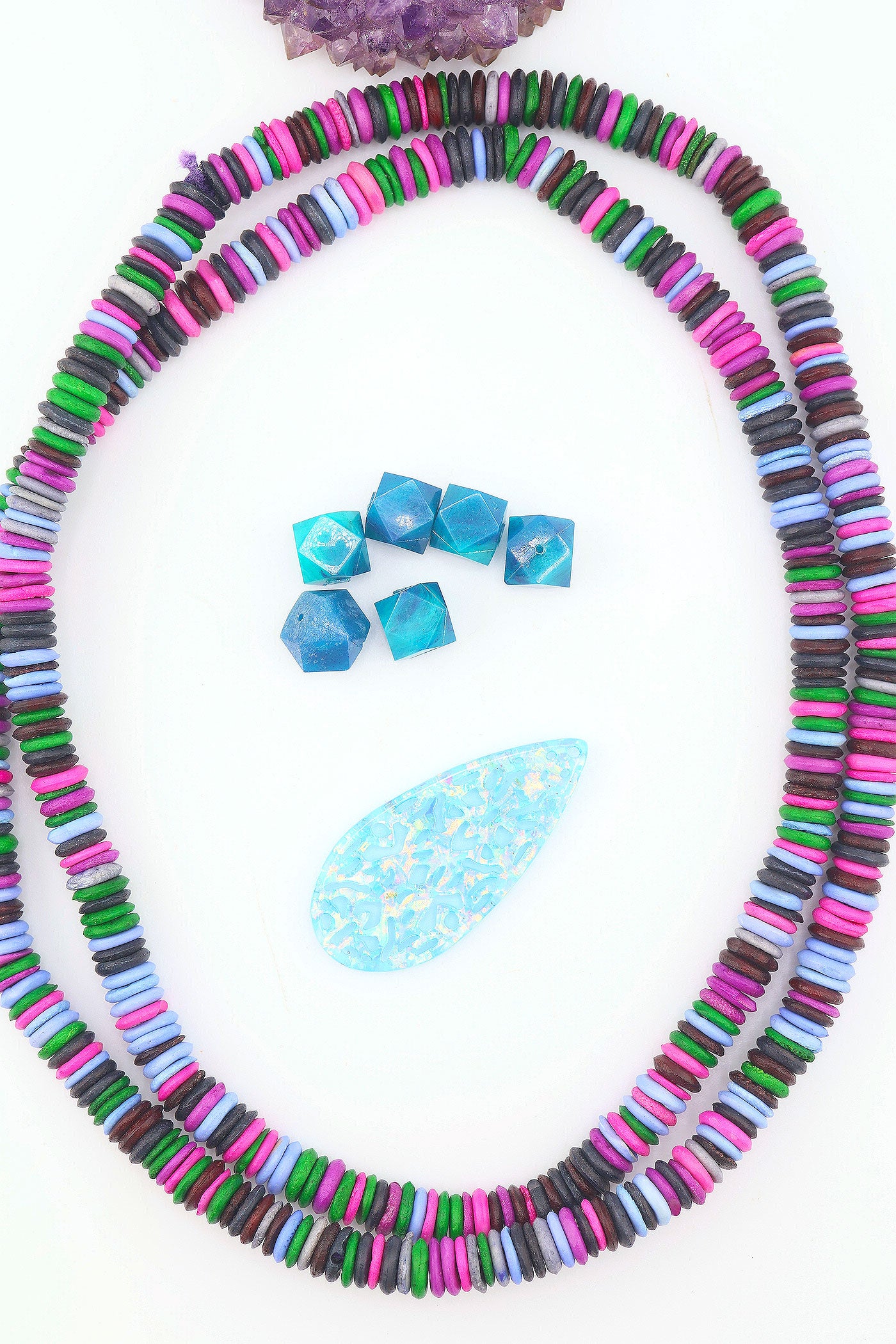 8mm Purple, Green Multi Color Natural Heishi Beads, Long Necklace for layering, handmade beads