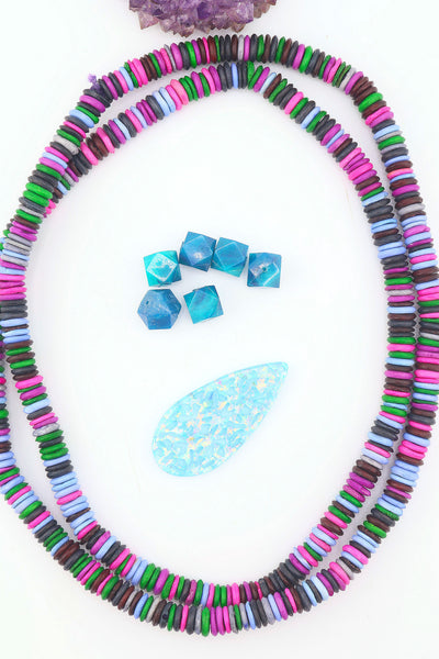 8mm Purple, Green Multi Color Natural Heishi Beads, Long Necklace for layering, handmade beads