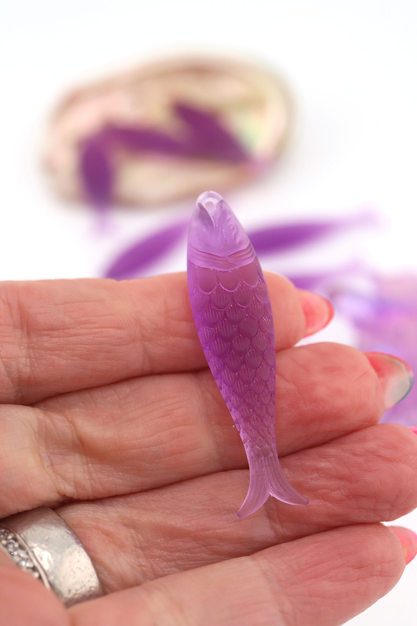 Amethyst Ice Purple Fish Charm, German Resin, 48mm, 1 Pendant for DIY fisherman aesthetic jewelry