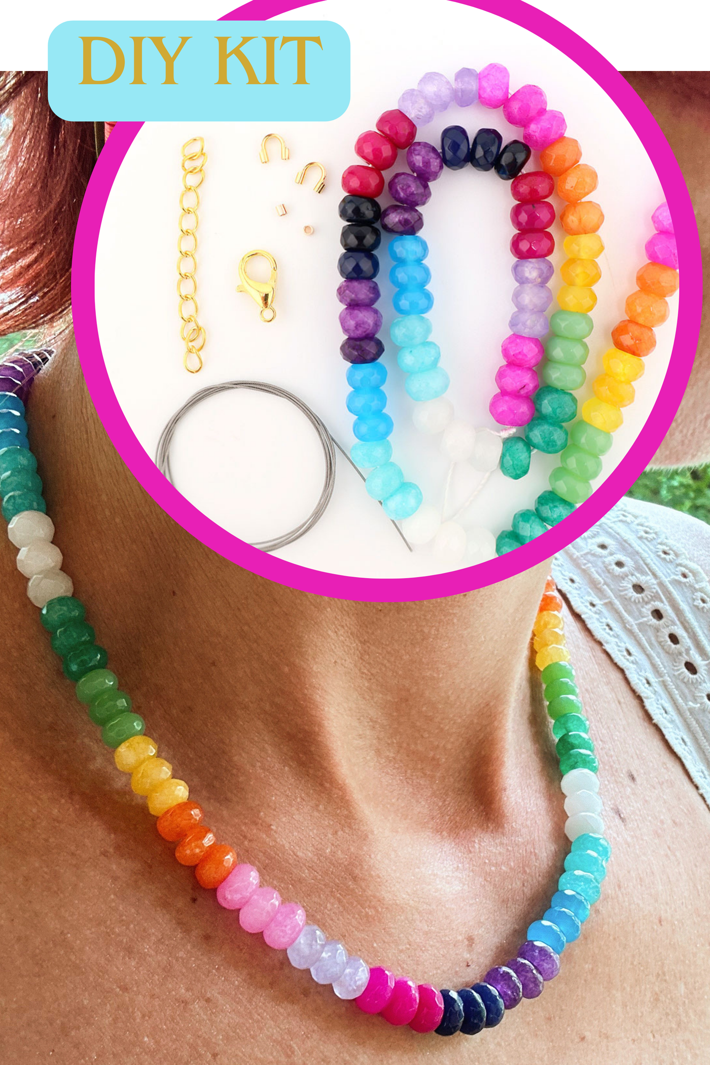 Rainbow Necklace DIY Kit: Jade Beads, Clasp, Wire, Wire Guardians