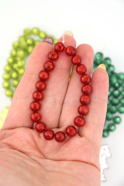 8mm Retro Christmas Glittery Round Italian Resin Beads, 20pc.