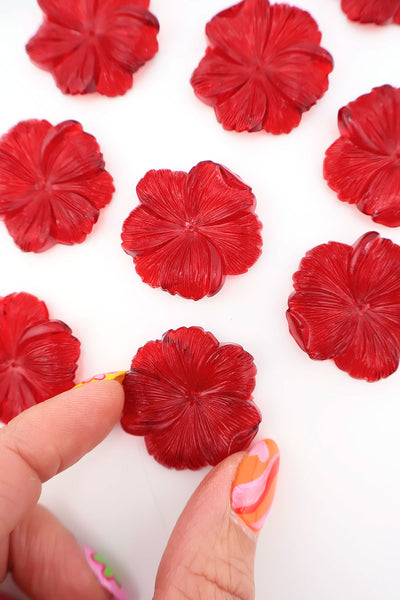 Translucent Ruby Flower Pendant, German Resin, 32mm, 1 Charm