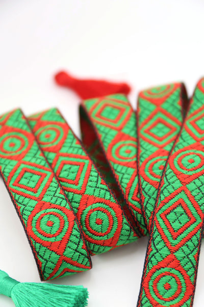 Christmas Kaleidoscope Ribbon, Red & Green Trim Sari Border, 3/4" x 1 yard