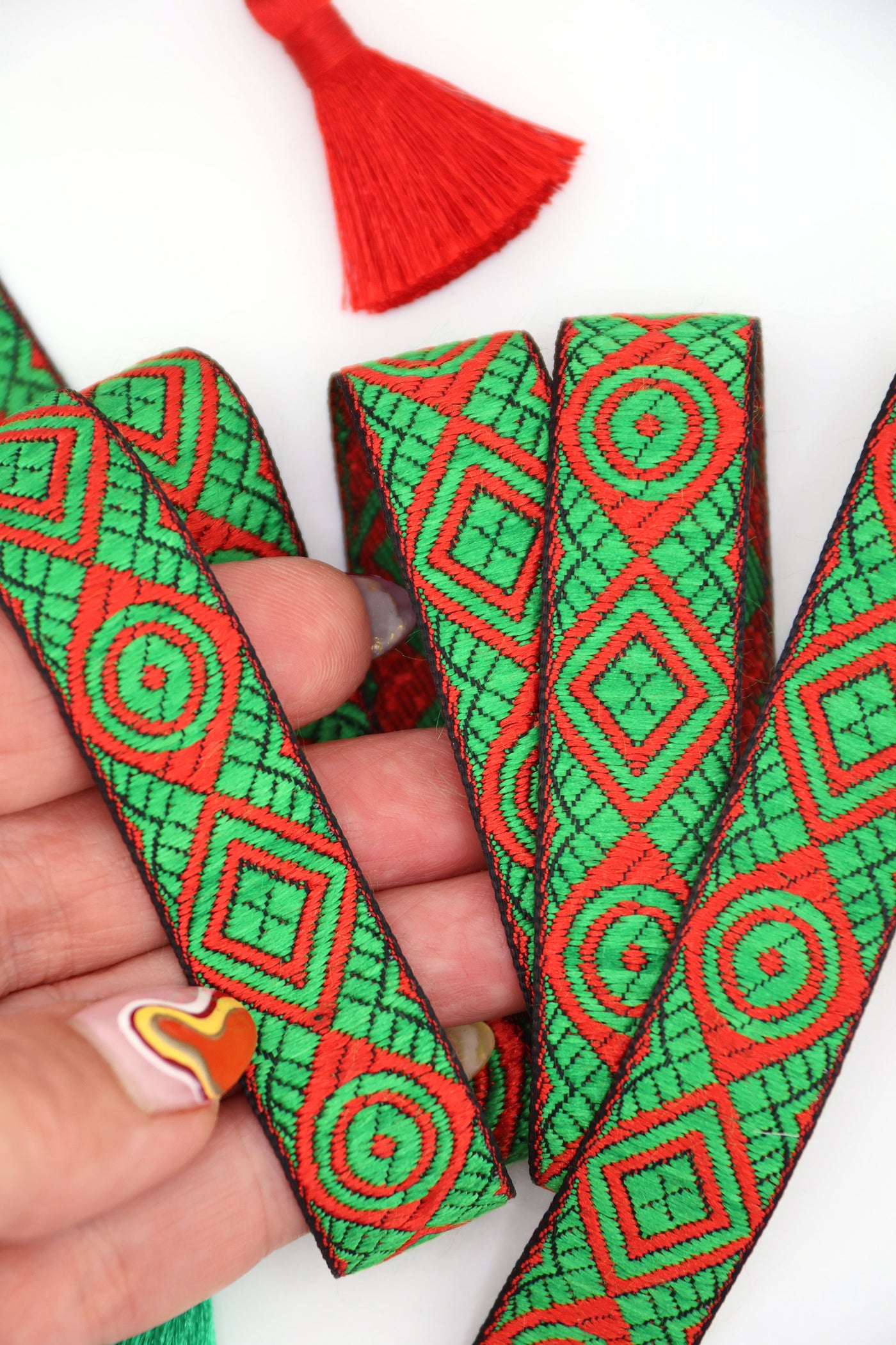 Christmas Kaleidoscope Ribbon, Red & Green Trim Sari Border, 3/4" x 1 yard