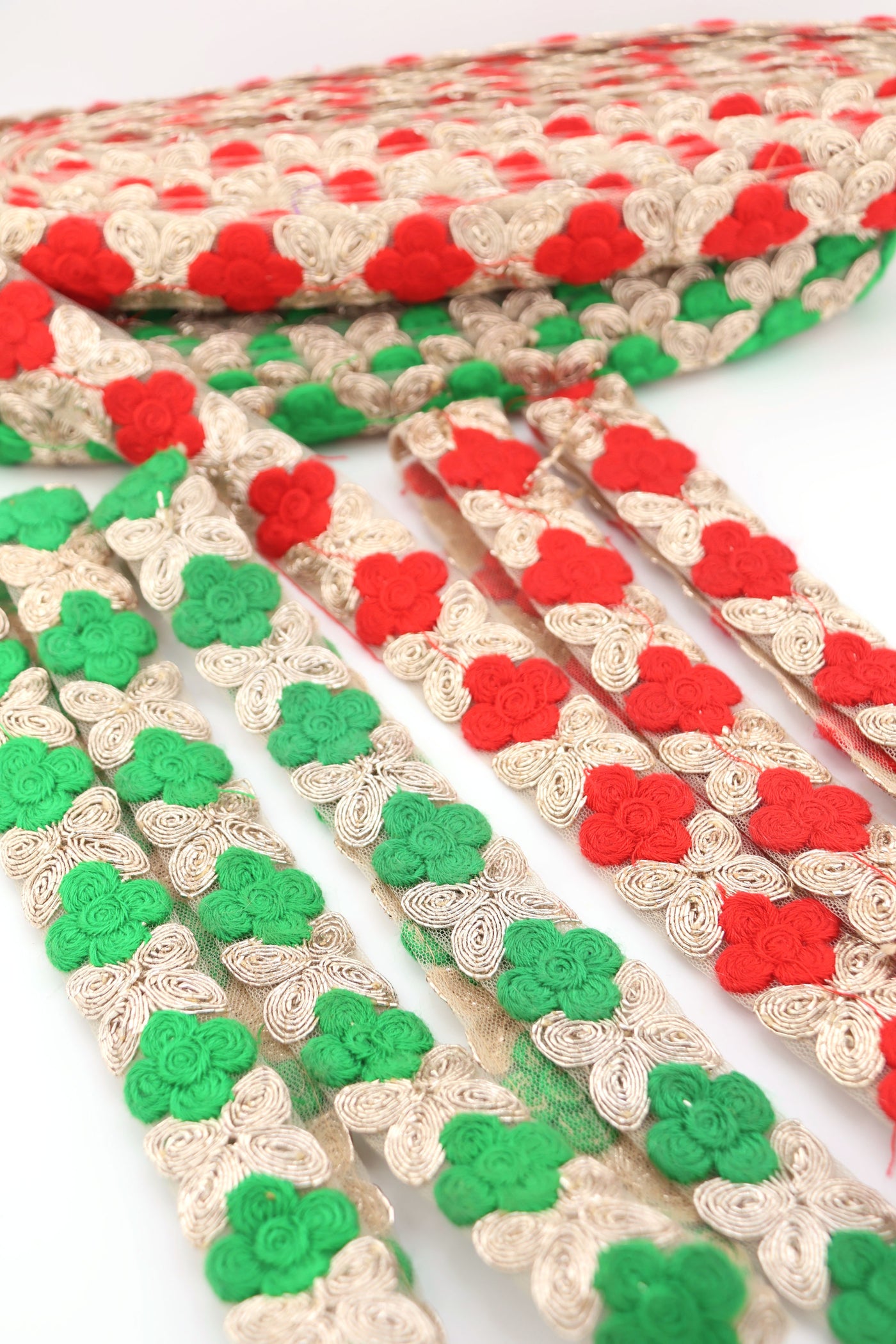 Red, Green, Gold Floral Embroidered Ribbon: 1" Mesh Trim by the yard for Christmas decorating