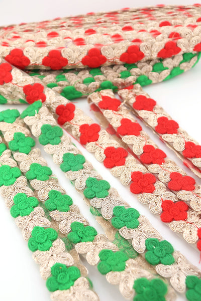 Red, Green, Gold Floral Embroidered Ribbon: 1" Mesh Trim by the yard for Christmas decorating