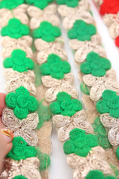 Red, Green, Gold Floral Embroidered Ribbon: 1" Mesh Trim by the yard for Christmas decorating