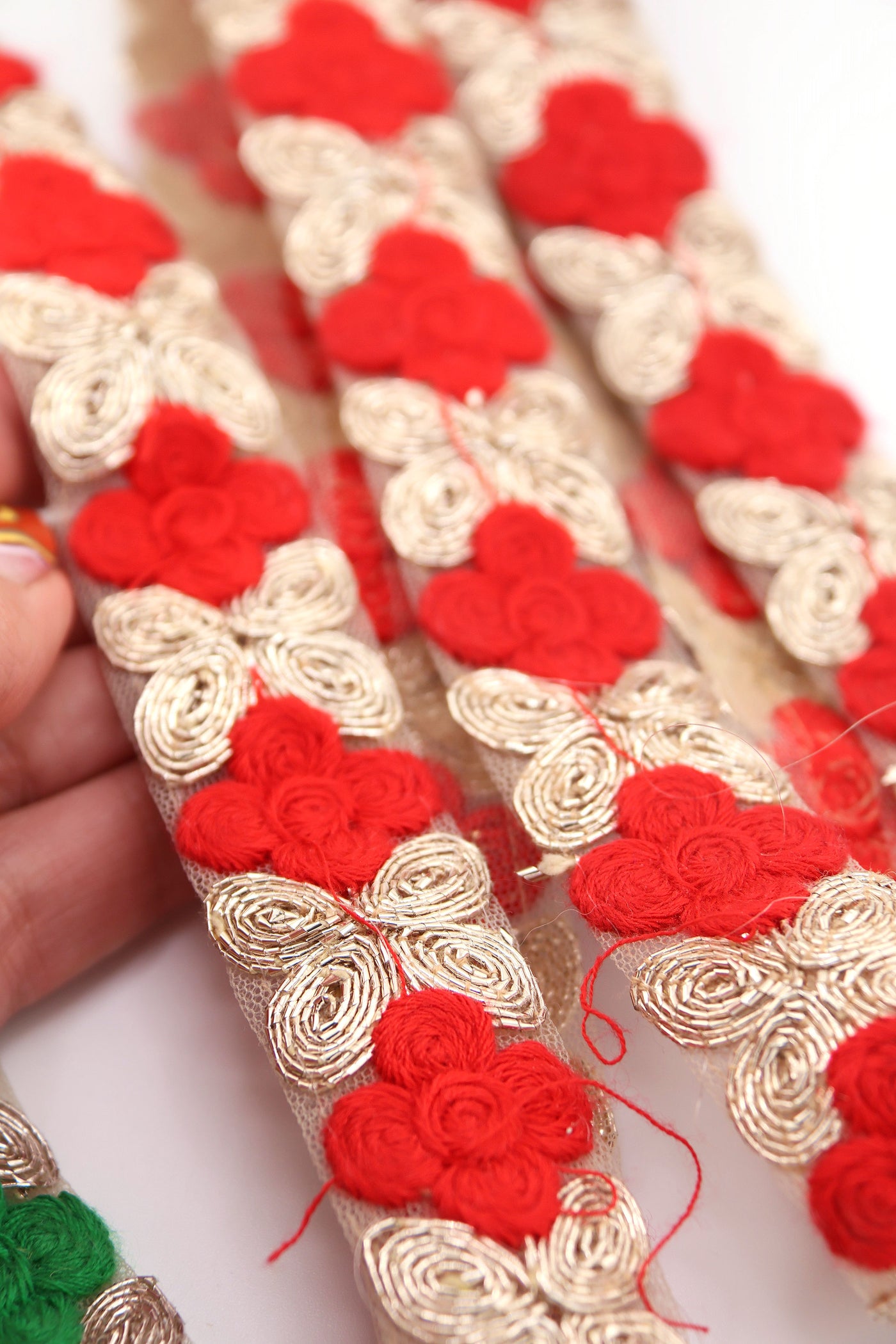 Red, Green, Gold Floral Embroidered Ribbon: 1" Mesh Trim by the yard for Christmas decorating