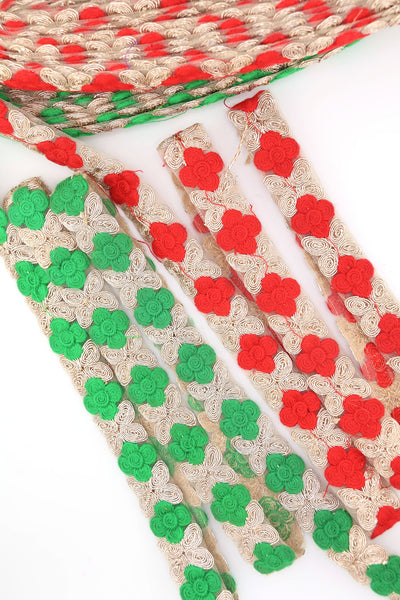 Red, Green, Gold Floral Embroidered Ribbon: 1" Mesh Trim by the yard for Christmas decorating