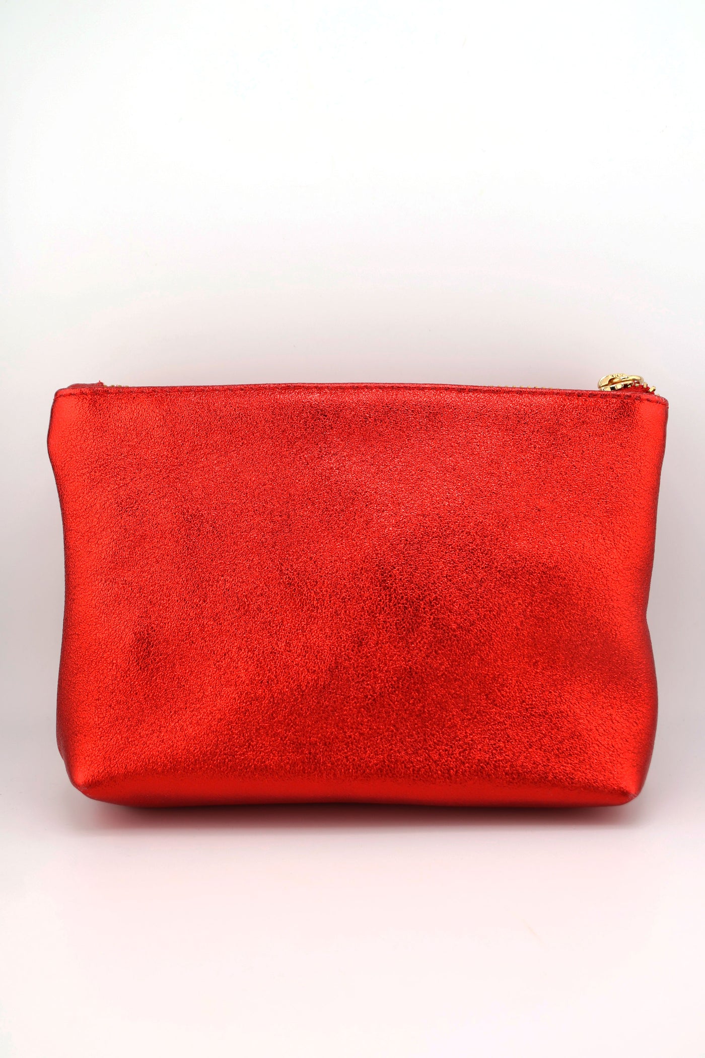 Red Metallic Italian Leather Zipper Pouch, Purse, 8" Soft Real Leather Cosmetic Pouch