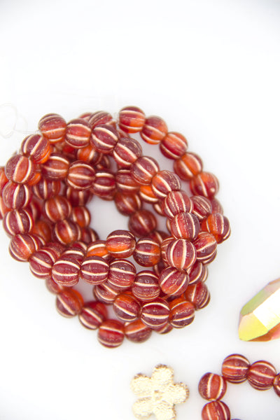 Red & Orange Czech Glass Melon Beads, 8mm, with Copper Wash