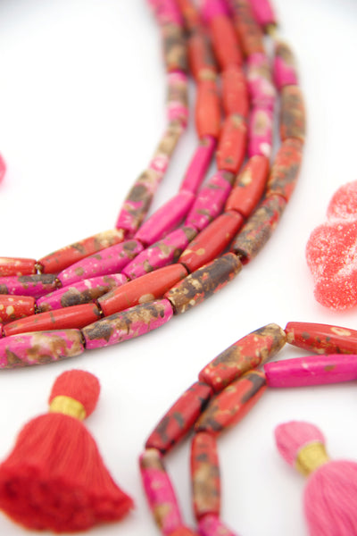 Pink & Red Barrel Tube Beads, 5x20mm Make earthy and bohemian style DIY jewelry for Valentine's Day 