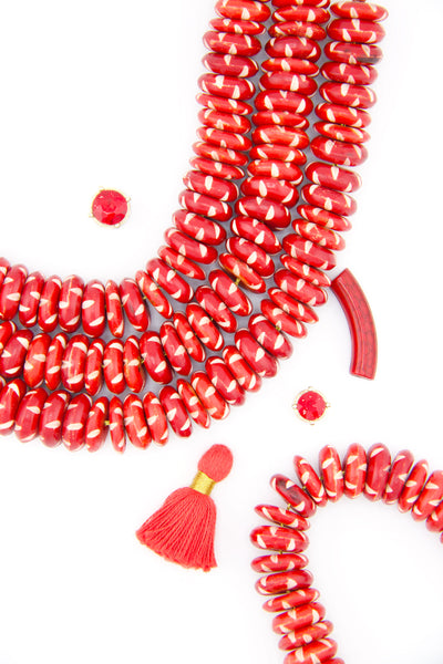Bold Red & White Large Carved Bone Disc Saucer Beads, 17mm, 44 beads for making Valentine's Day jewelry